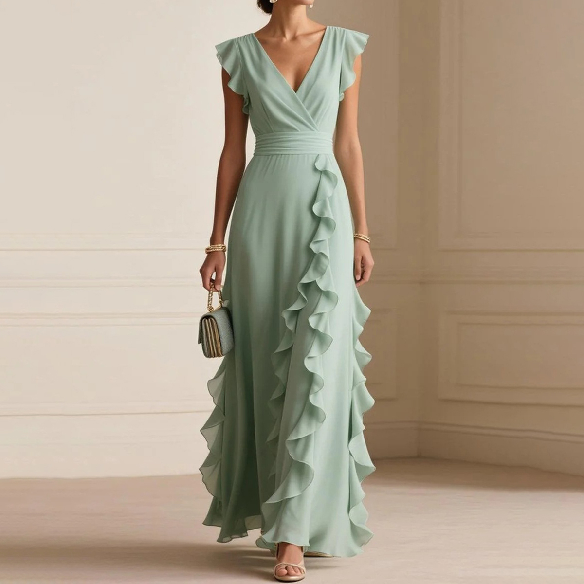 Solid Color Pleated Ruffles V-neck Maxi Dress elevenforest