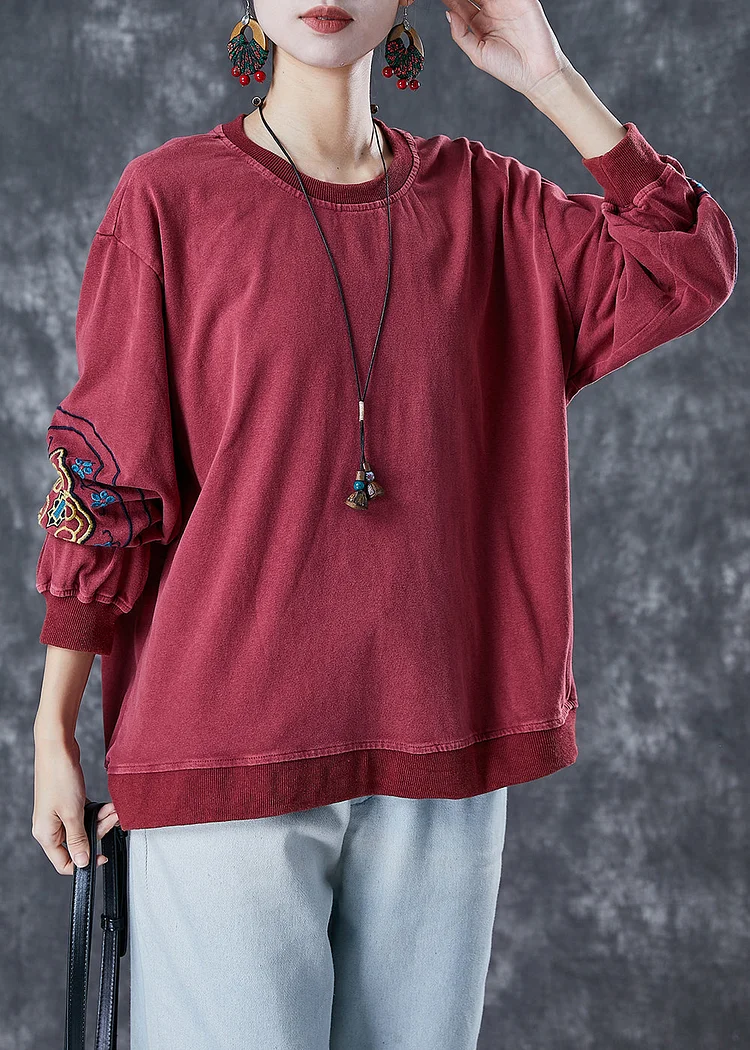 Style Dull Red Embroideried Cotton Loose Sweatshirts Top Fall