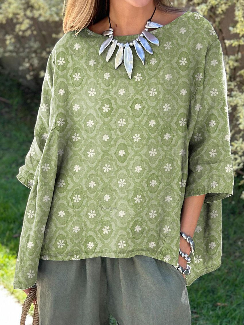 Ditsy Watercolor Spring Floral Repeat Pattern Printed Women's Casual Cotton And Linen Shirt