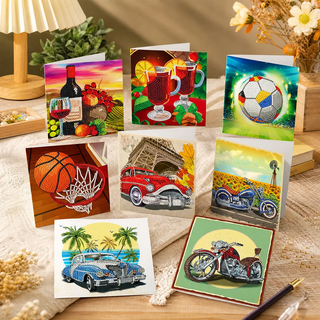 8PCS Cars and Balls DIY Diamond Painting Greeting Card Kits with Envelopes Diamond Art Greeting Cards Diamond Art Cards Kits for Adults DIY Crafts Family Friend Gifts