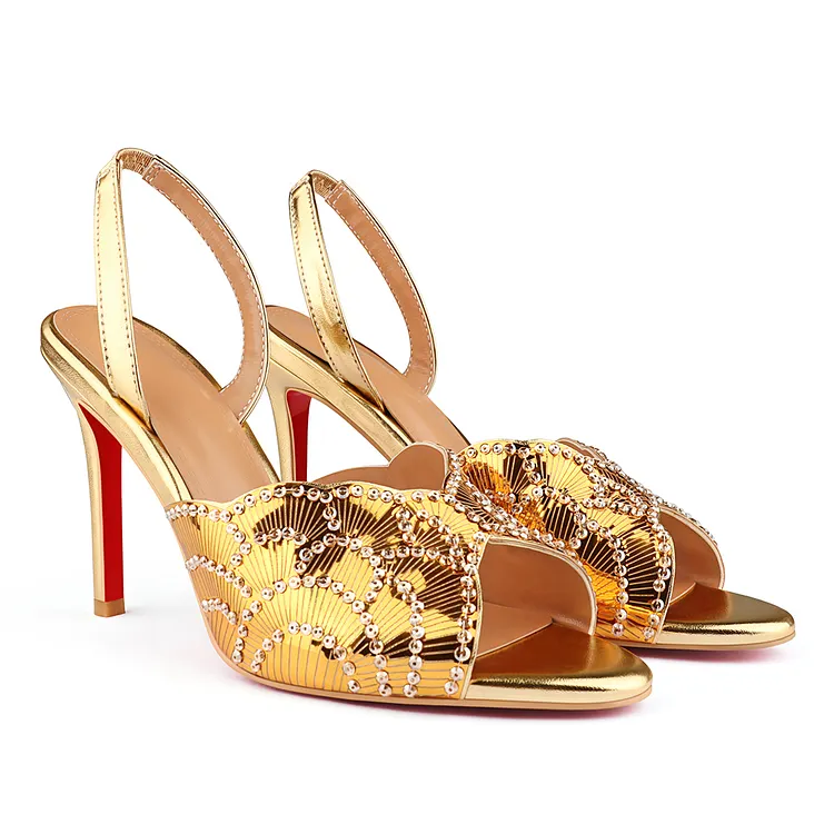 100mm Sequined Beaded Peep Toe High Heel  Red Bottom Sandals VOCOSI VOCOSI