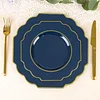10 Pack | 8" Navy Blue Hard Plastic Dessert Appetizer Plates, Disposable Tableware, Baroque Heavy Duty Salad Plates with Gold Rim