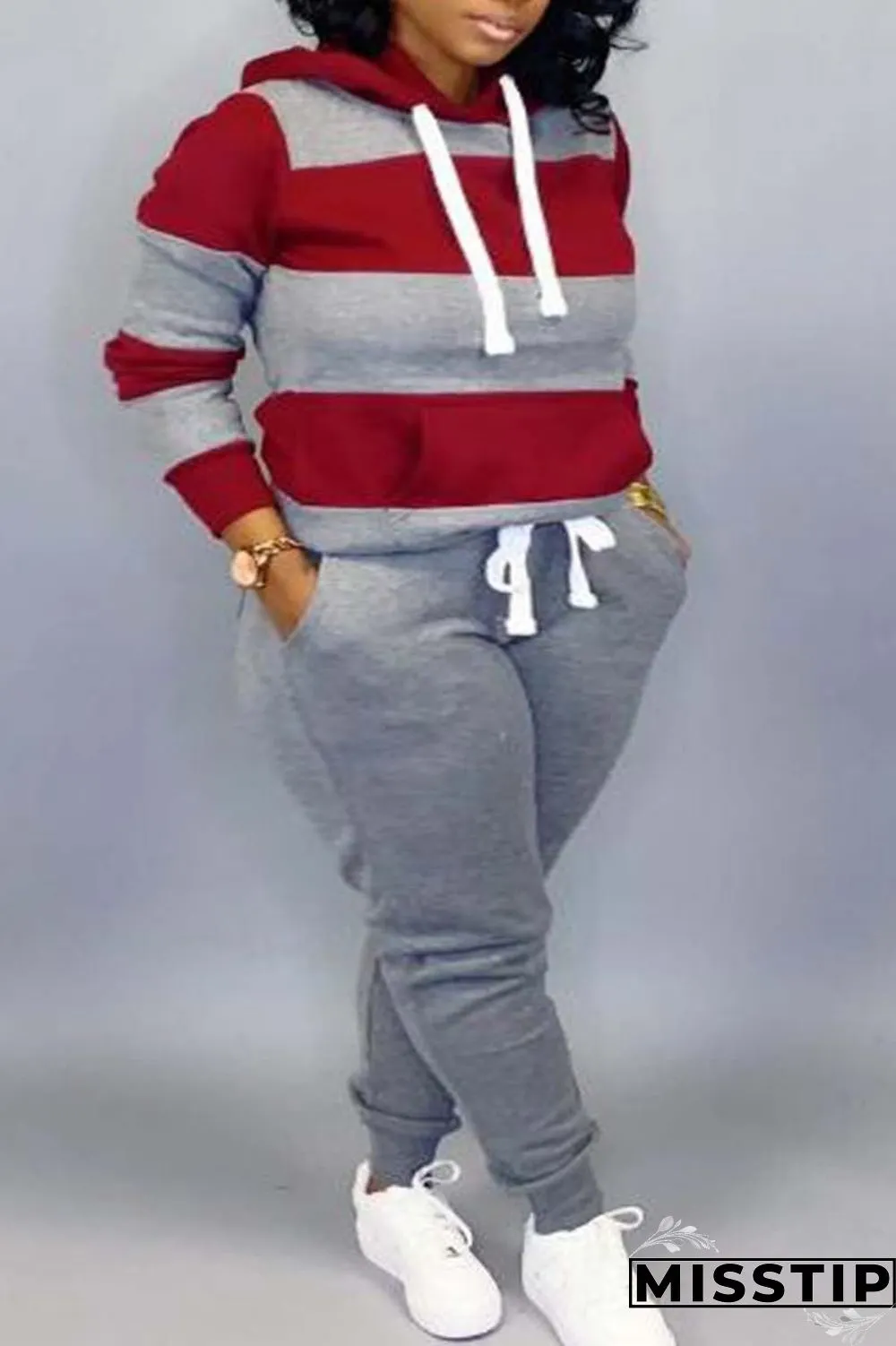 Plus Size Rose Red Casual Striped Patchwork Contrast Hooded Collar Two Pieces