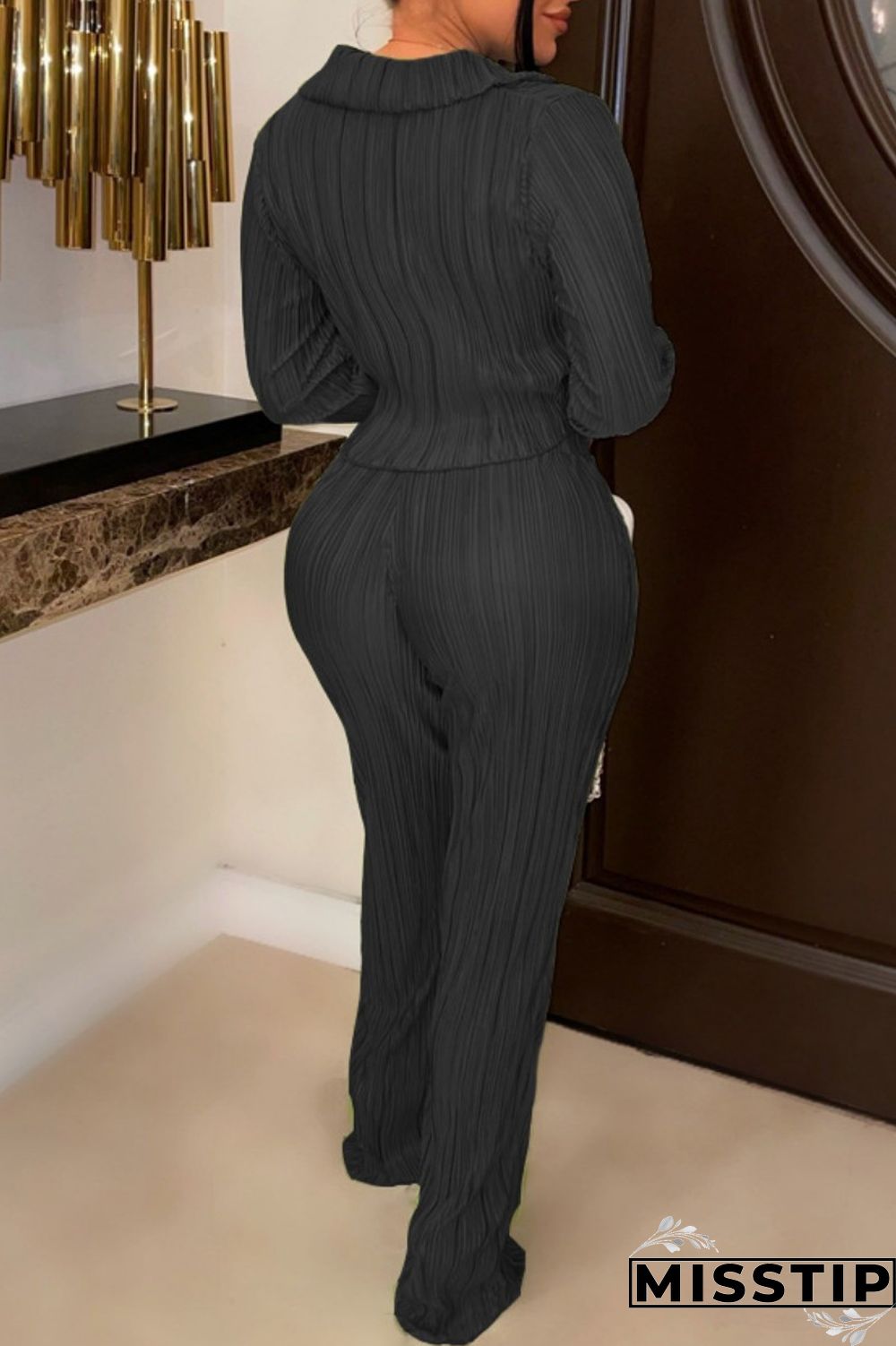 Black Casual Solid Patchwork Turndown Collar Long Sleeve Two Pieces