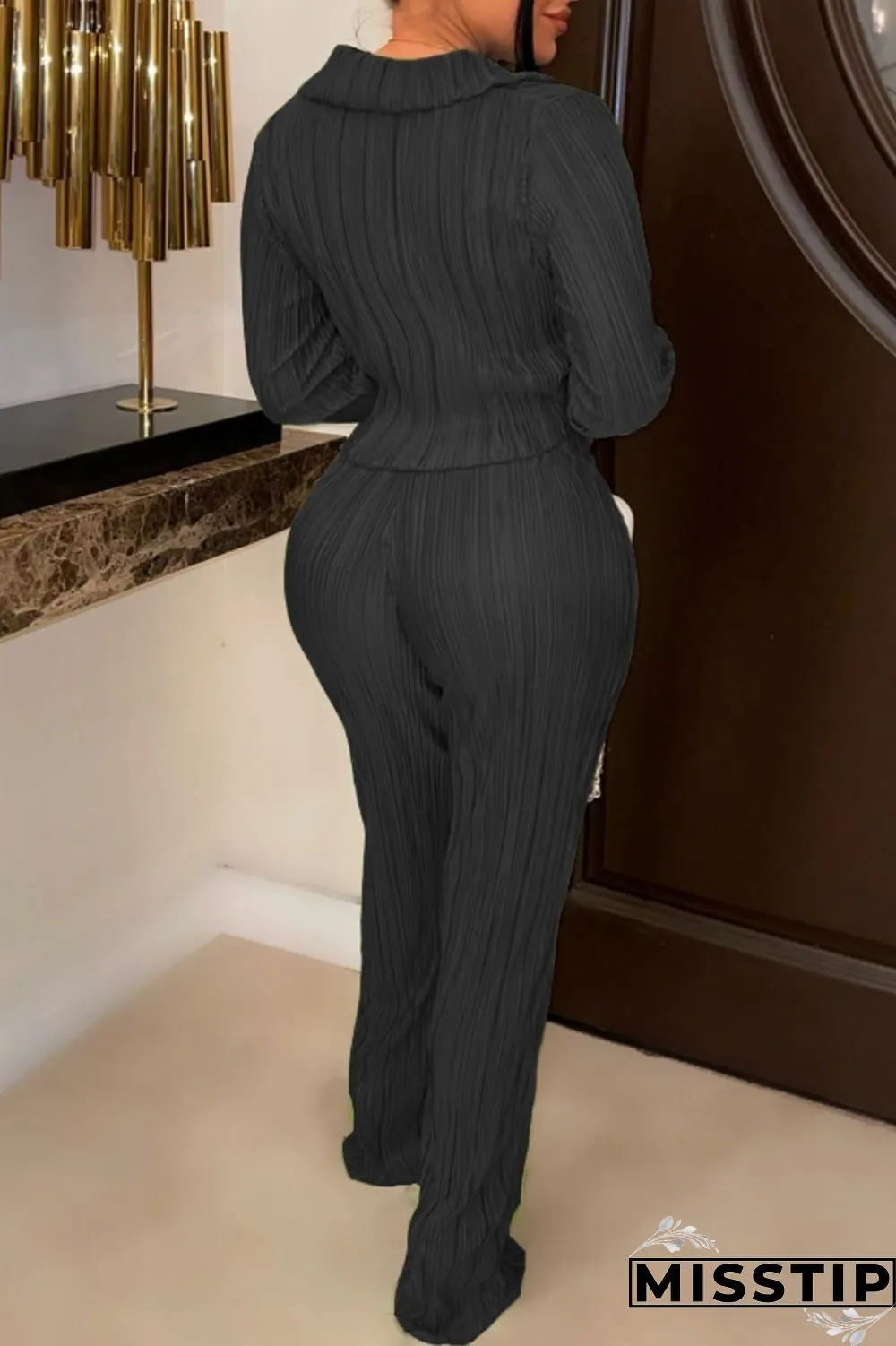 Black Casual Solid Patchwork Turndown Collar Long Sleeve Two Pieces