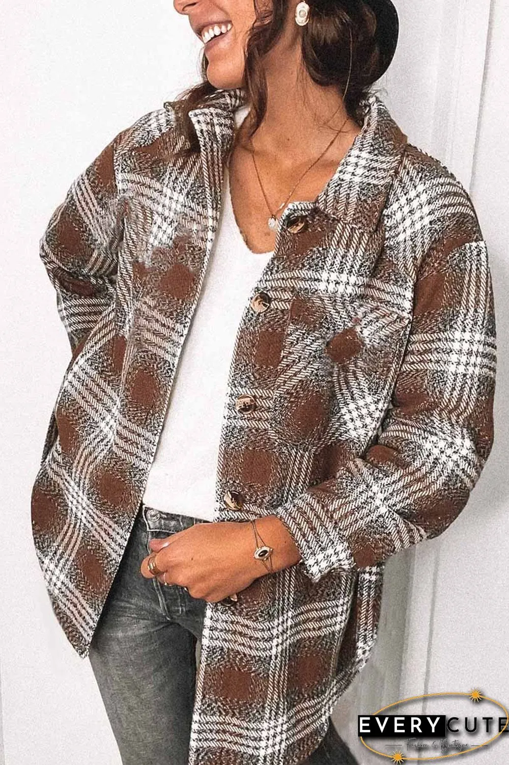 Fashion Lapel Loose Plaid Jacket Tops(3 Colors)