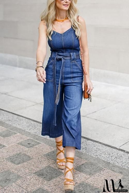 MidiSono - Sleeveless Belted Denim Jumpsuit