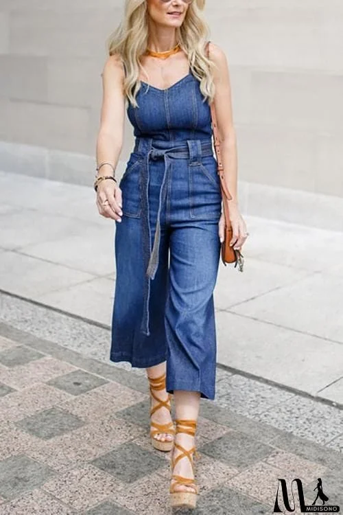 MidiSono - Sleeveless Belted Denim Jumpsuit