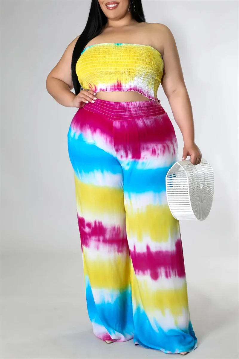 Yellow Sexy Casual Print Tie Dye Backless Strapless Plus Size Two Pieces | EGEMISS