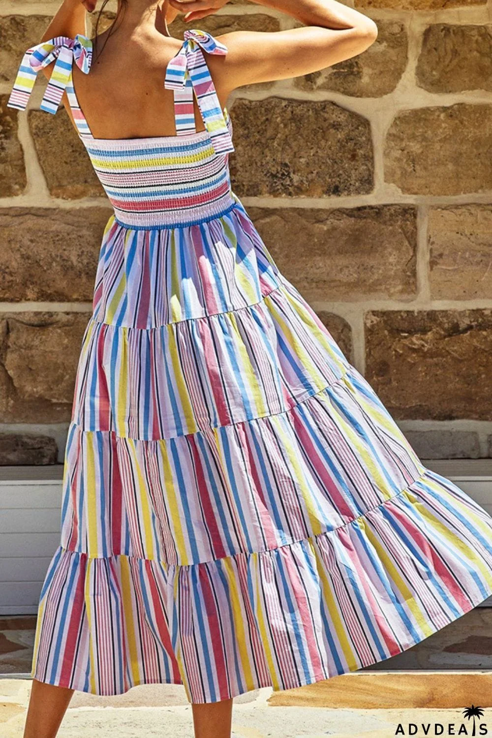 Striped Tie-Shoulder Smocked Tiered Dress