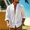 Men's Linen Long Sleeve Button Down Shirt Summer Casual Beachwear Lightweight Breathable White Collar Top by Inlyline