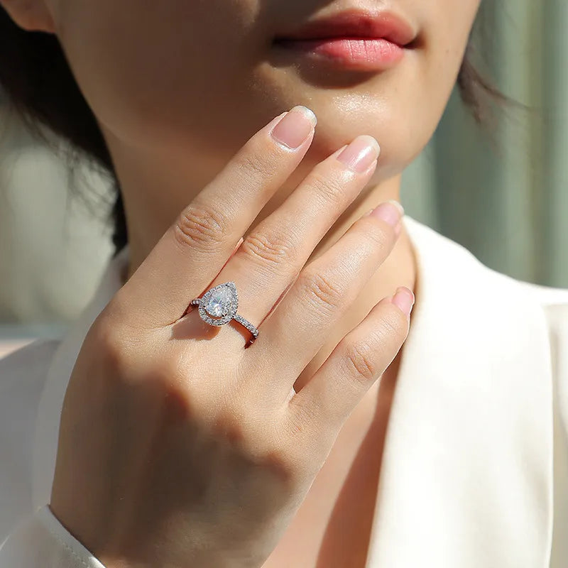 1.5ct White Gold Plated 925 Sterling Silver Moissanite Water Droplets Rings GRA Certificate