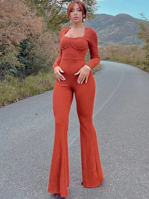 Autumn Ribbed   Clothes Long Sleeve Bodycon Skinny Flare Jumpsuits Women 2023 Club Streetwear Romper Outfits