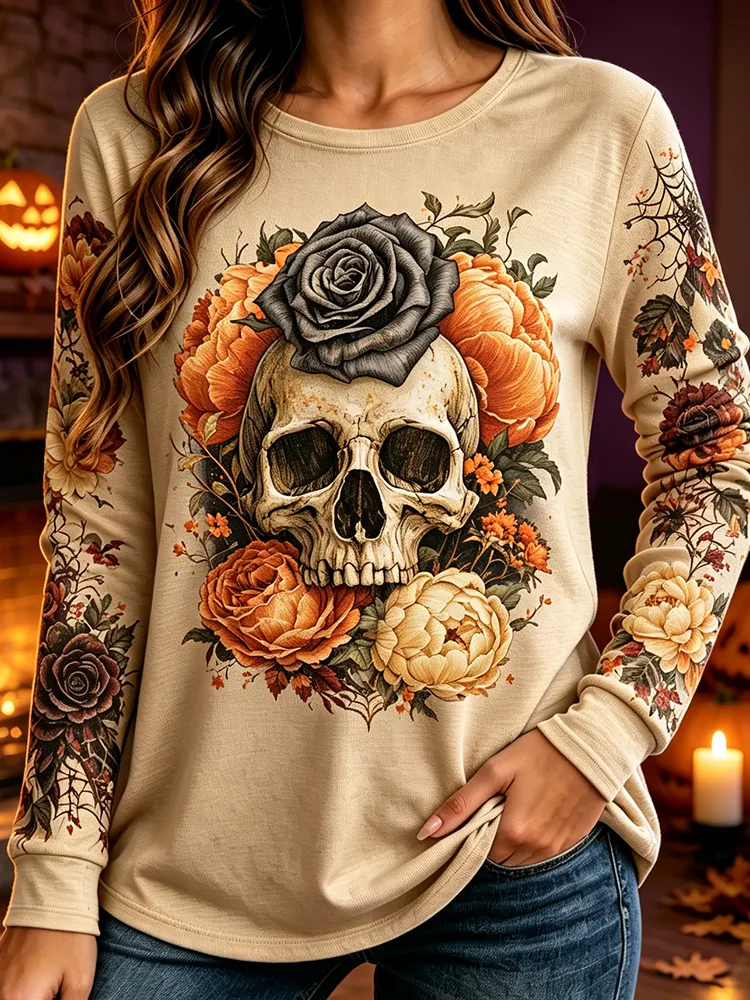 Women's Long-sleeve Crewneck Sweatshirt With Floral Skull And Vintage Rose Print artswardrobe