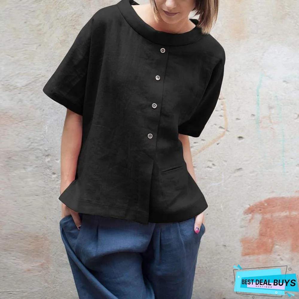 Oversized Vintage Cotton Tops Women Blouses Short Sleeve Buttons Casual Shirts Pockets Loose Tops
