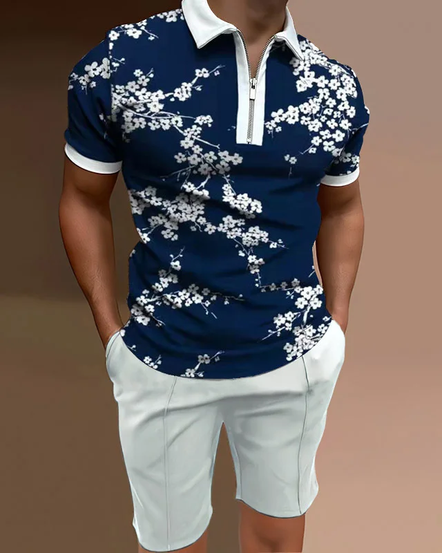 Men's polo shirt casual floral two piece set
