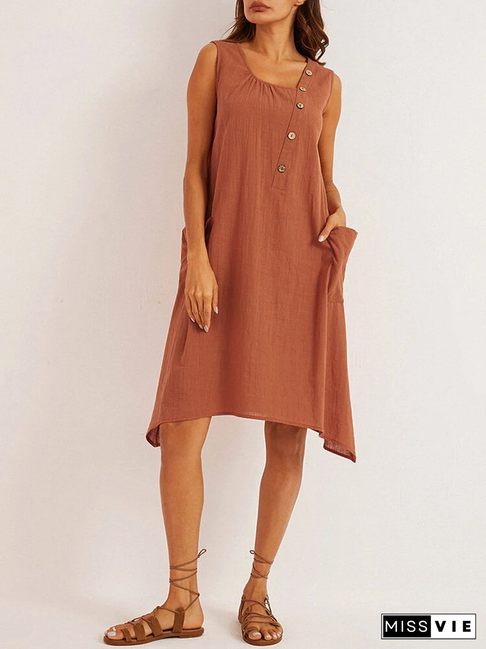 Solid Color Sleeveless Button Irregular Dress For Women