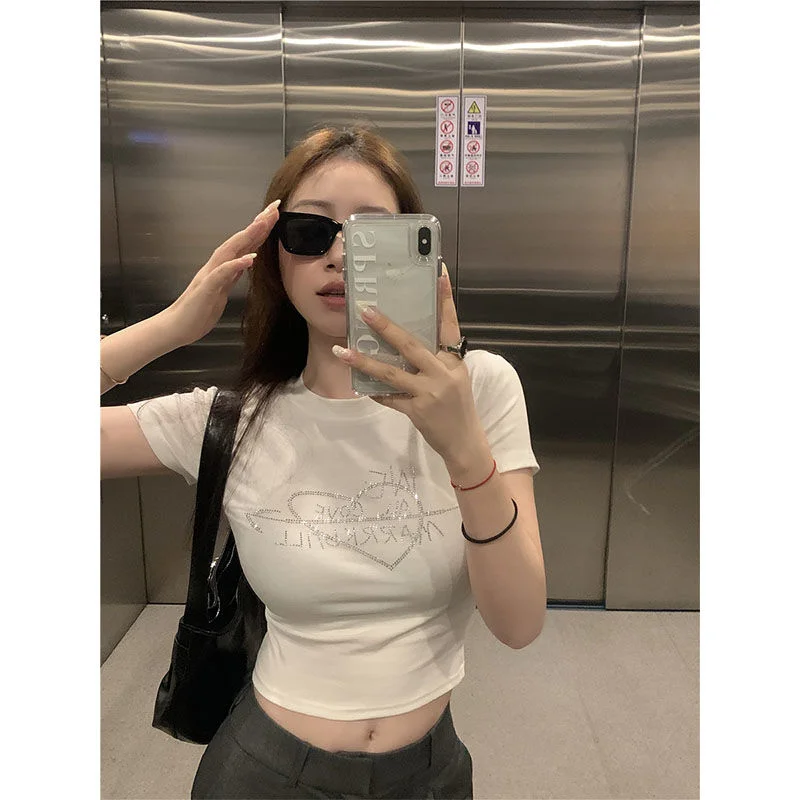 Wongn Ropa Mujer Bottoms White Tshirts for Women Diamond Letter Summer Tees Crop Tops Y2k Clothes Casual Fashion T-shirts 49B061