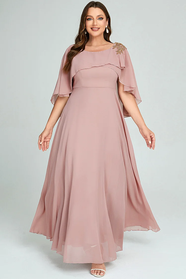 Flycurvy Plus Size Formal Mauve Chiffon Asymmetrical Batwing Sleeve Lace Panel Maxi Dress