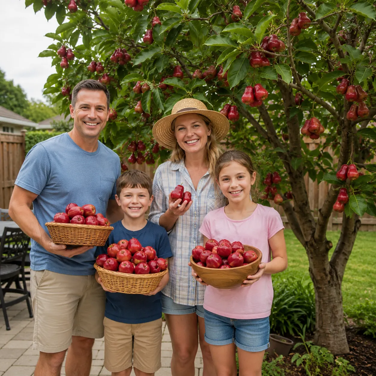 Family gathering wax apples in the backyard