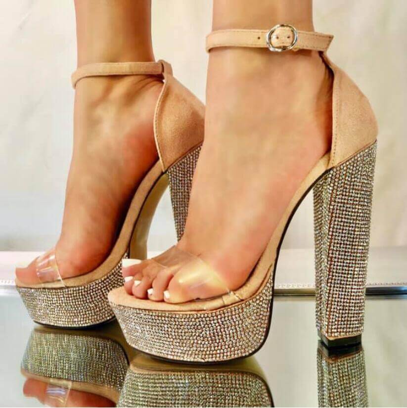 VCSHOES Platform Rhinestone Buckle Chunky High Heel Sandals