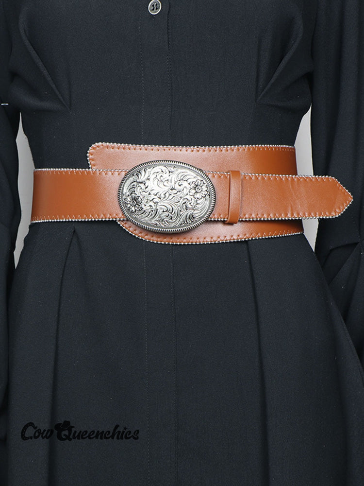 Vintage Western Cowboy Style Solid Color Imitation Belt Brown / One