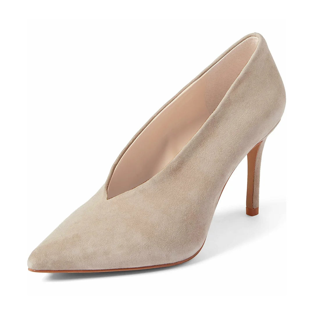 Beige Suede Closed Pointed Toe Pumps With Stiletto Heels Nicepairs