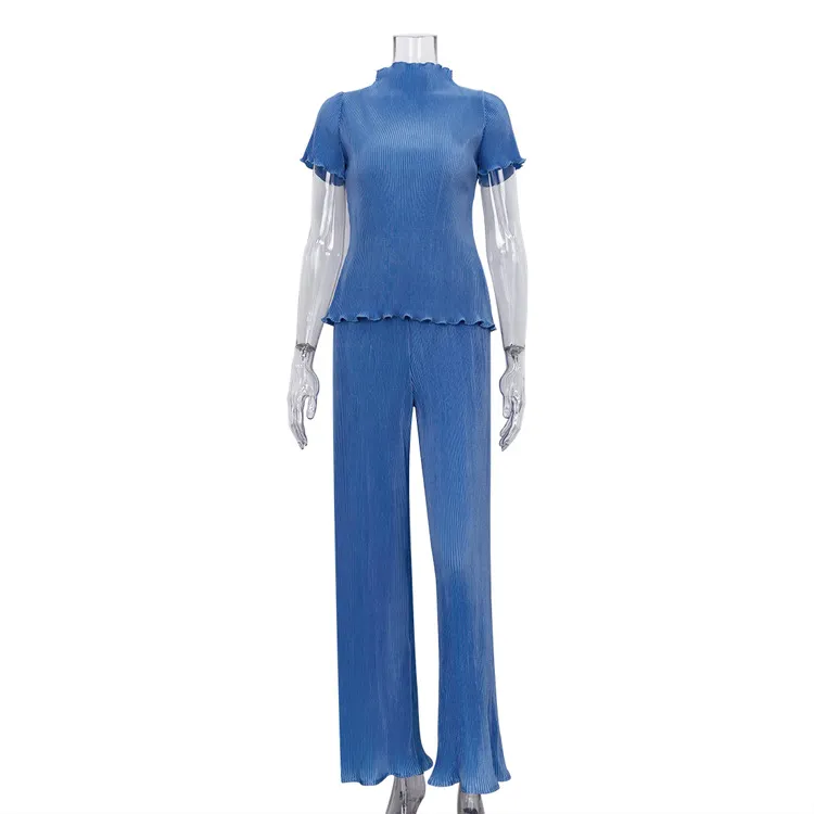 Churchf Churchf 2023 Summer New Thin T-Shirt High Waist Blue Pleated Floor Pants Casual Women's Fashion Suit
