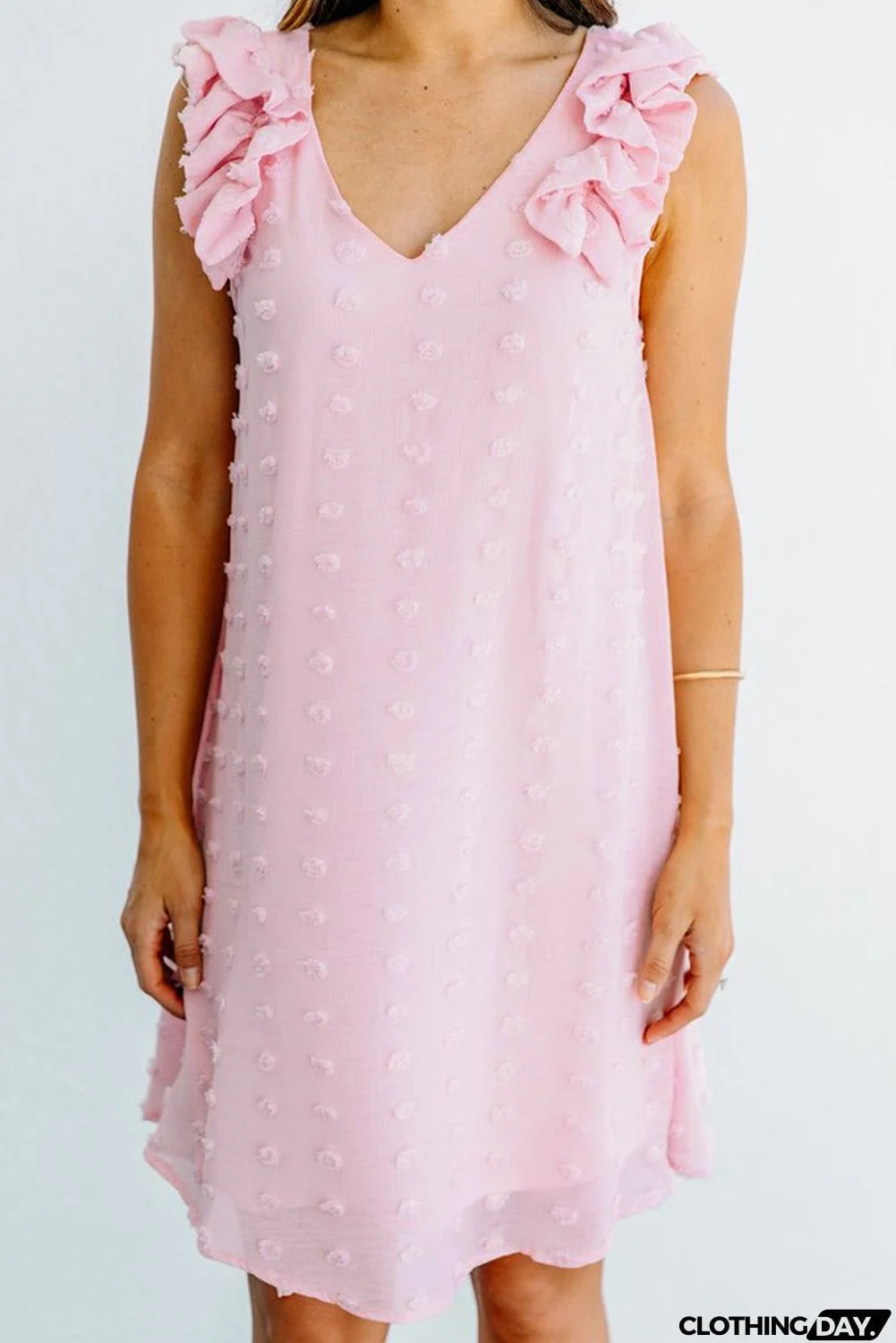 Swiss Dot V Neck Ruffled Sleeveless Mini Dress