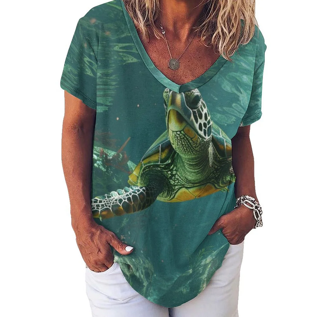 V-neck Short Sleeve Casual T-shirt for  Women Printed with Pattern Ocean, Blue, Sea, Fish