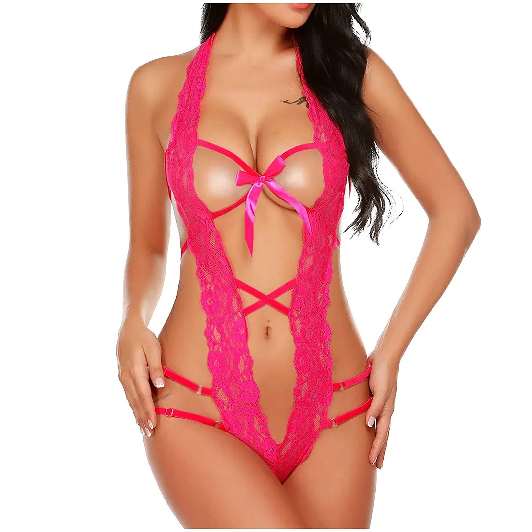 Churchf New Sexy Hollow Open Back Perspective Strap Bow Lace Lace Lingerie Suit