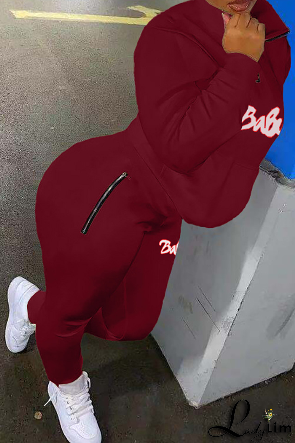 Grey Casual Print Letter Mandarin Collar Long Sleeve Two Pieces