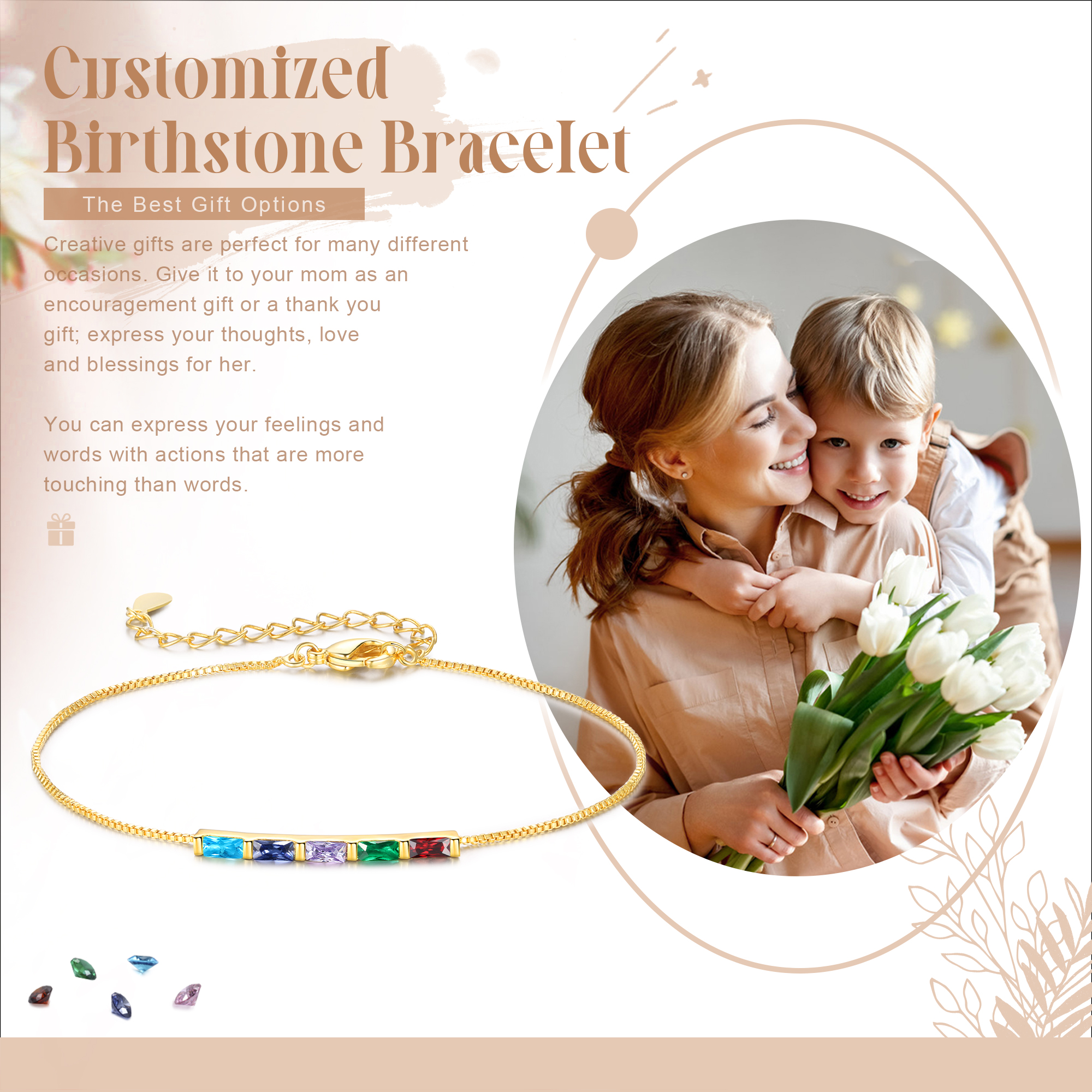 Custom 5 Birthstones Bracelet Gold Adjustable Bracelet Personalised Birthday Gift for Her-Jessemade AU