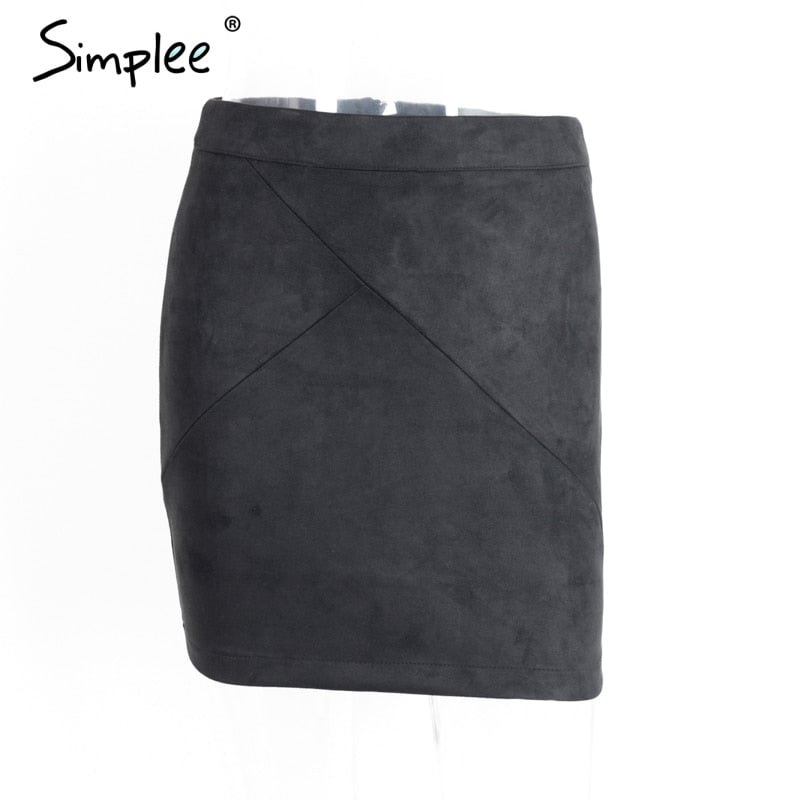 Simplee Autumn Vintage Leather Skirts Winter Suede Pencil Skirt Cross High Waist Zipper Skirt Split Bodycon Mini Women Skirts