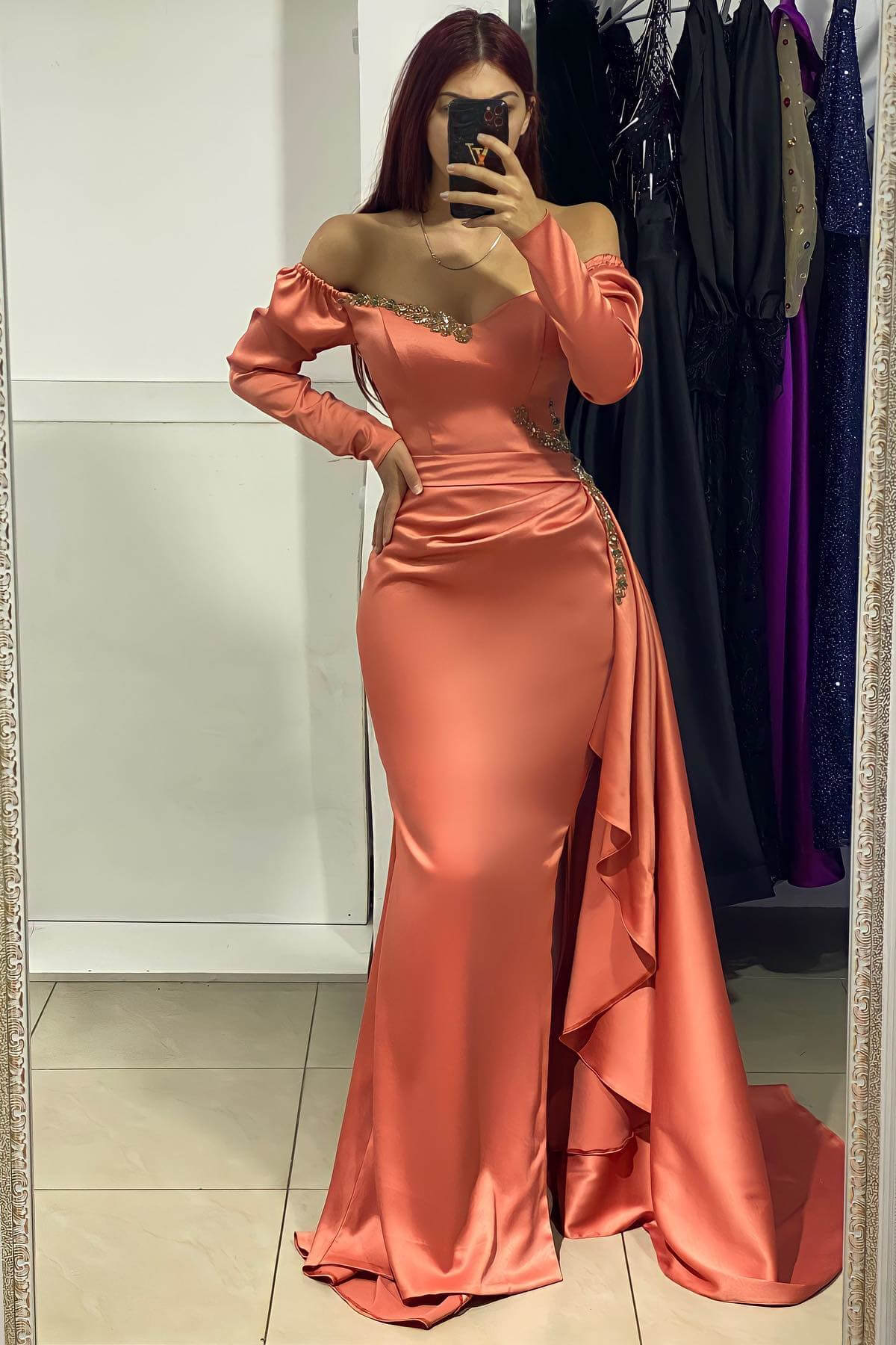 Chic Coral Off-the-Shoulder V-Neck Long Sleeves Mermaid Evening Gown With Ruffles Beads - lulusllly