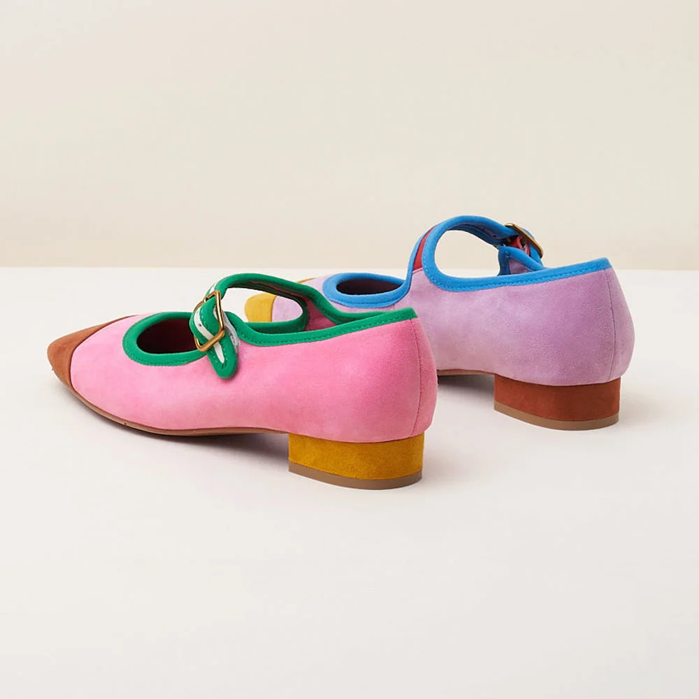 Multicolor Vegan Suede Buckle Strap Square Toe Flat Shoes for Women