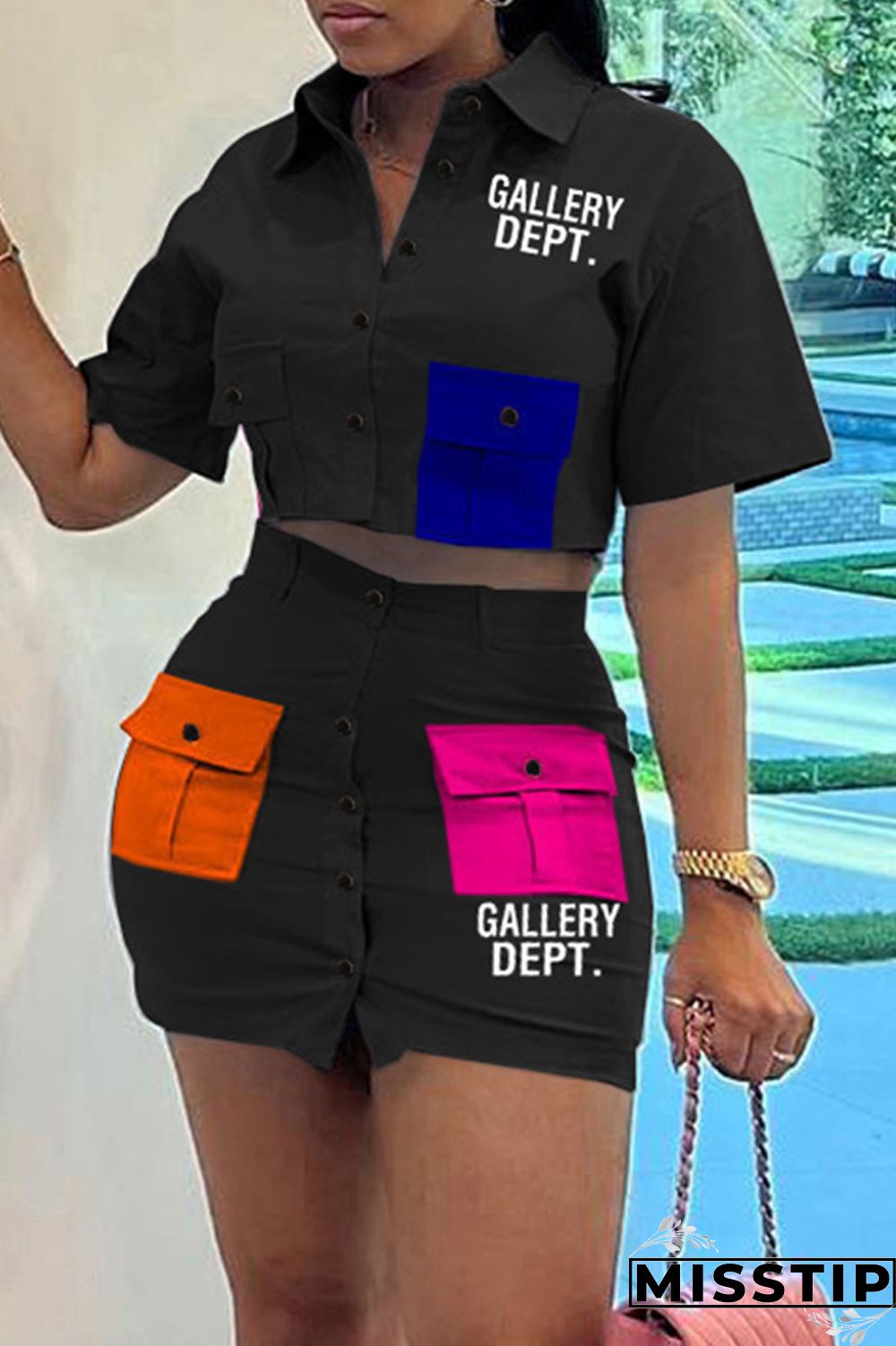 Black Casual Letter Print Patchwork Shirt Collar Short Sleeve Two Pieces