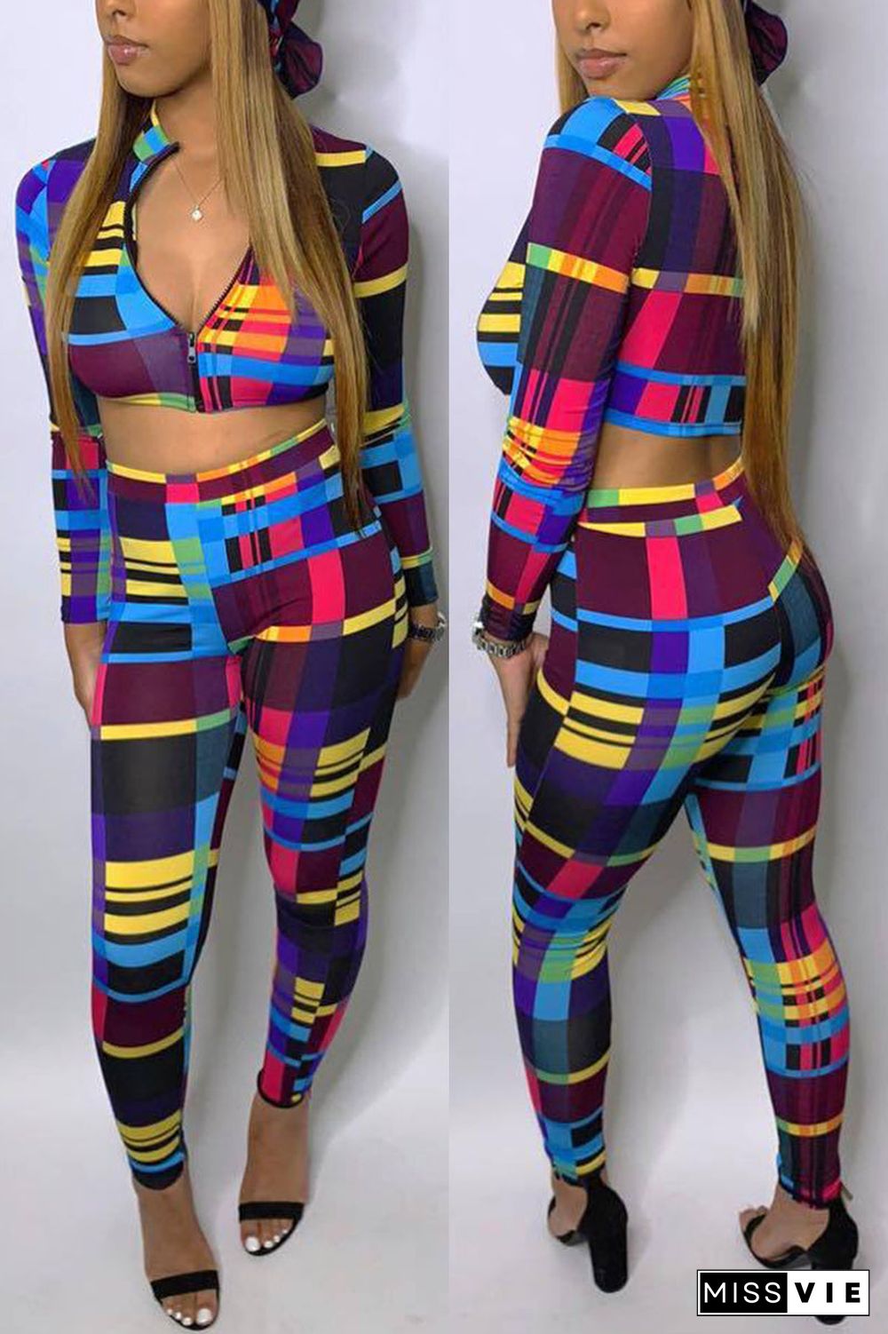 Fashion Sexy Print Basic Zipper Collar Long Sleeve Two Pieces