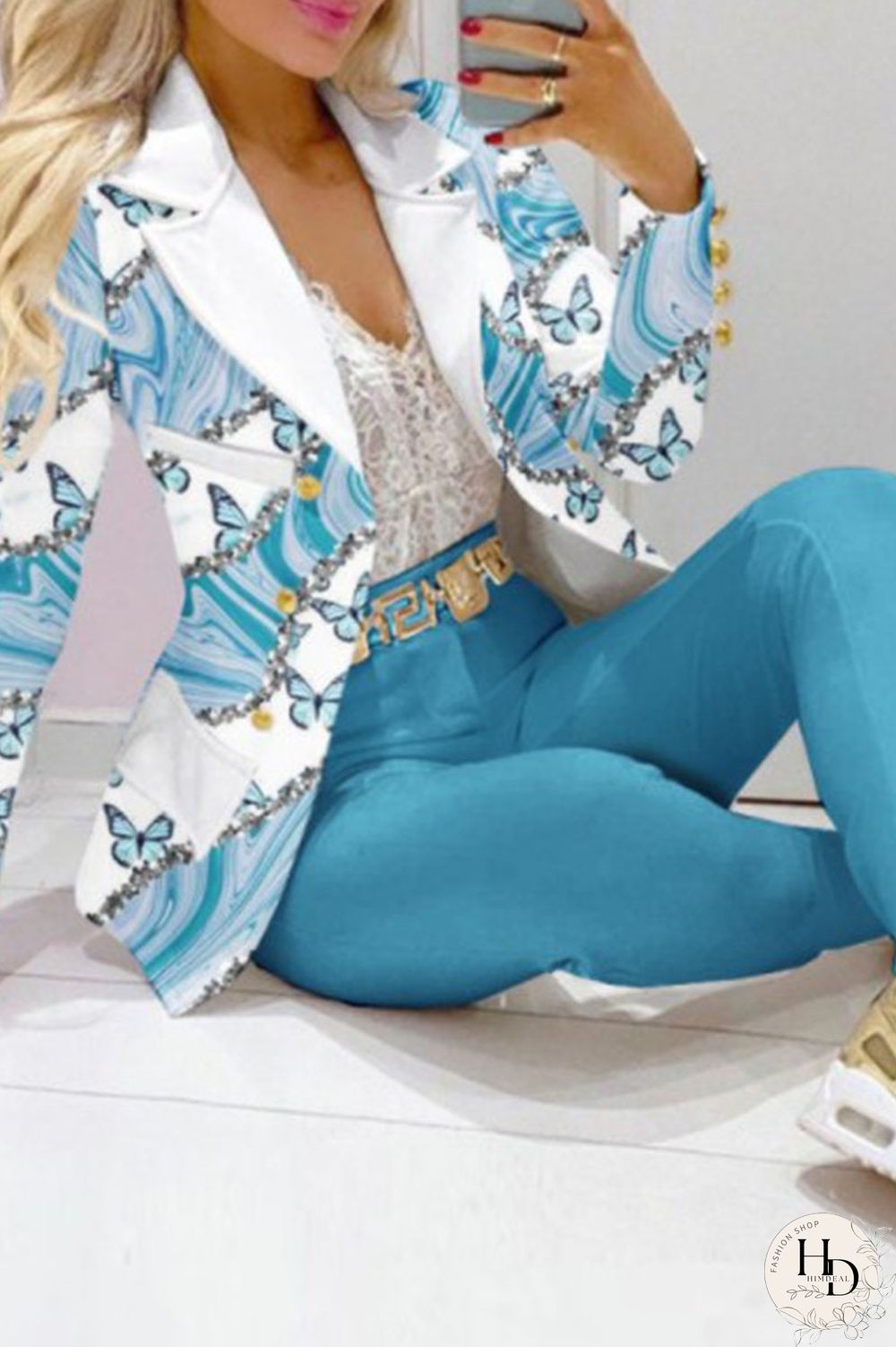 Sky Blue Casual Print Patchwork Buttons Turn-back Collar Long Sleeve Two Pieces(Without Belt)