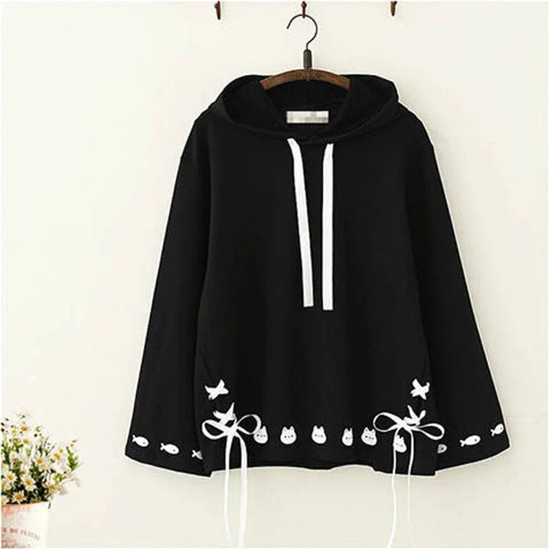 Cute Autumn Hoodies Streetwear Women Japanese  Harajuku Sweatshirt Kawaii Female Tops Shirts Loose Cat Print Swearshirt Girls