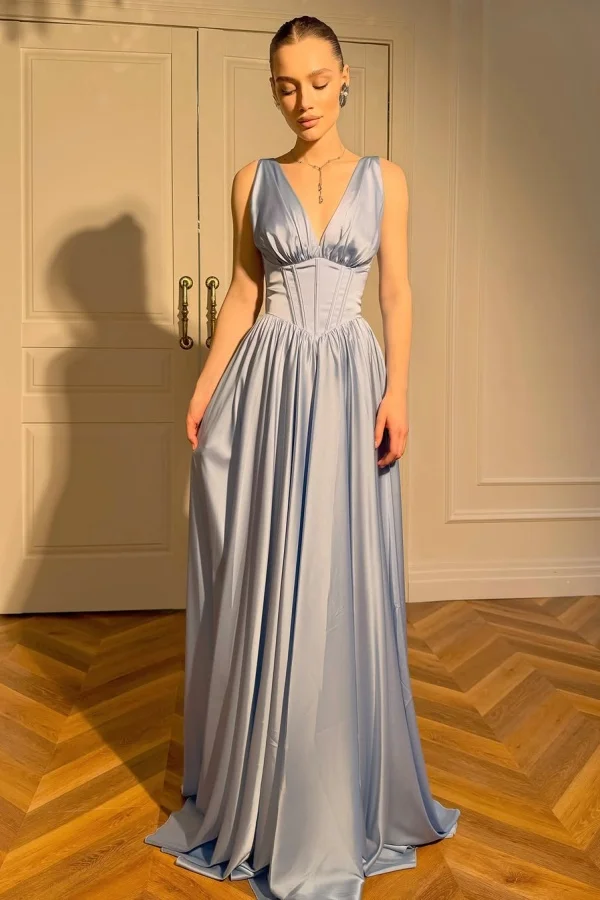 Straps V Neck Sleeveless High Waist Long Prom Dress With Pleated YC0047