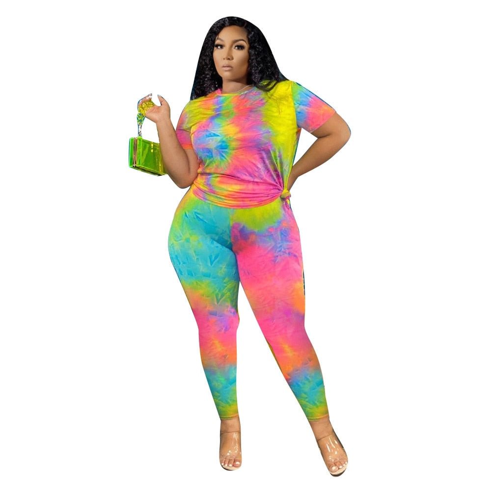 Plus Size Women Clothing 2 Piece Set Outfits Tie Dye Pants Sets Crop and Top Summer Fashion Streetwear Wholesale Dropshipping