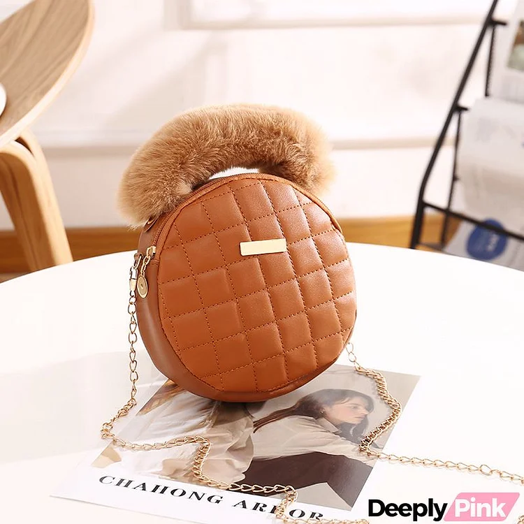 Women Fashion Solid Color Plush Zipper Round Mini Chain Crossbody Bag