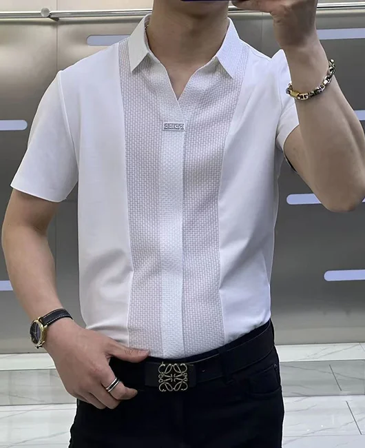 Business Casual Patchwork Lapel Textured Polo Shirt 