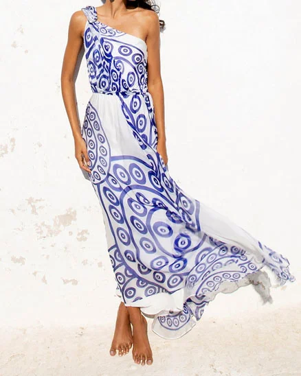 White Blue Cotton Kouros One Shoulder Dress