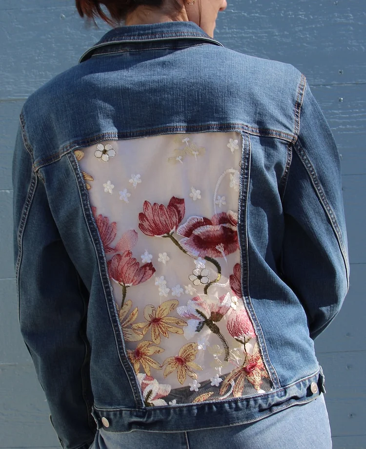 Stunning jean jacket inlaid with beautiful burgundy and gold lace