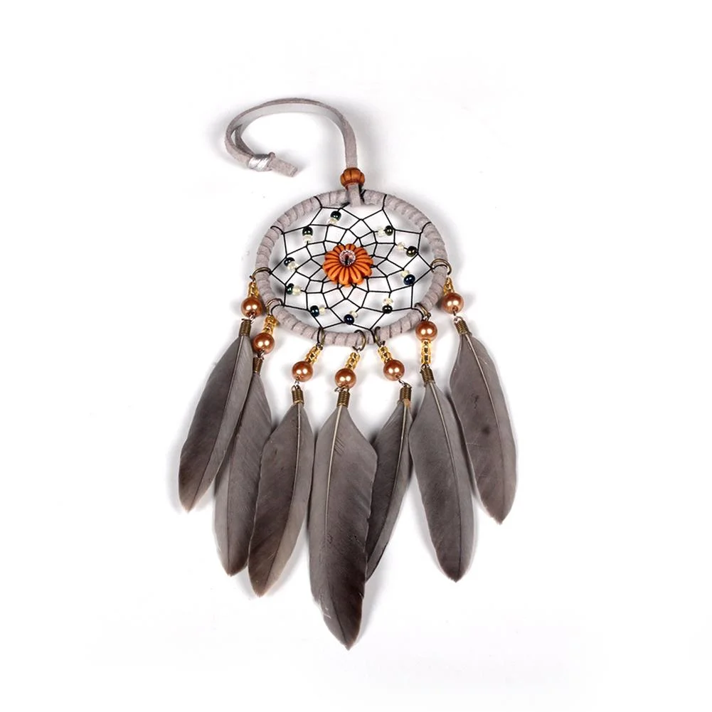 Grey Feathers Beads Pure Handmade Dream Catcher Door Wall Hanging Pendant