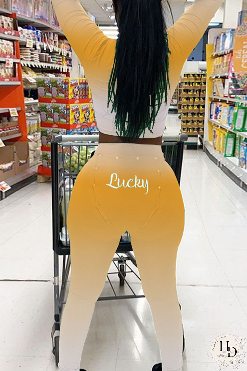 Tangerine Red Street Print Split Joint V Neck Long Sleeve Two Pieces