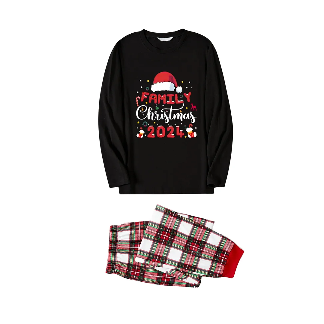 "Family Christmas 2024" with Santa Hat Pattern Ⅱ- Black Top with Red & White & Green Plaid Pants Family Matching Pajamas