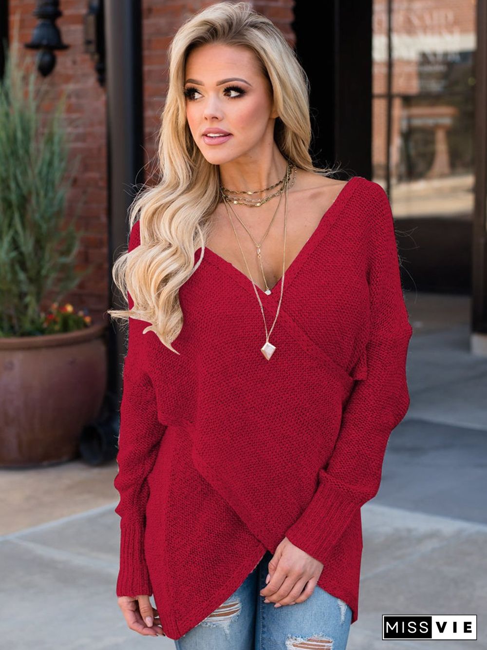 Deep V-Neck Wrap Knitted Sweater